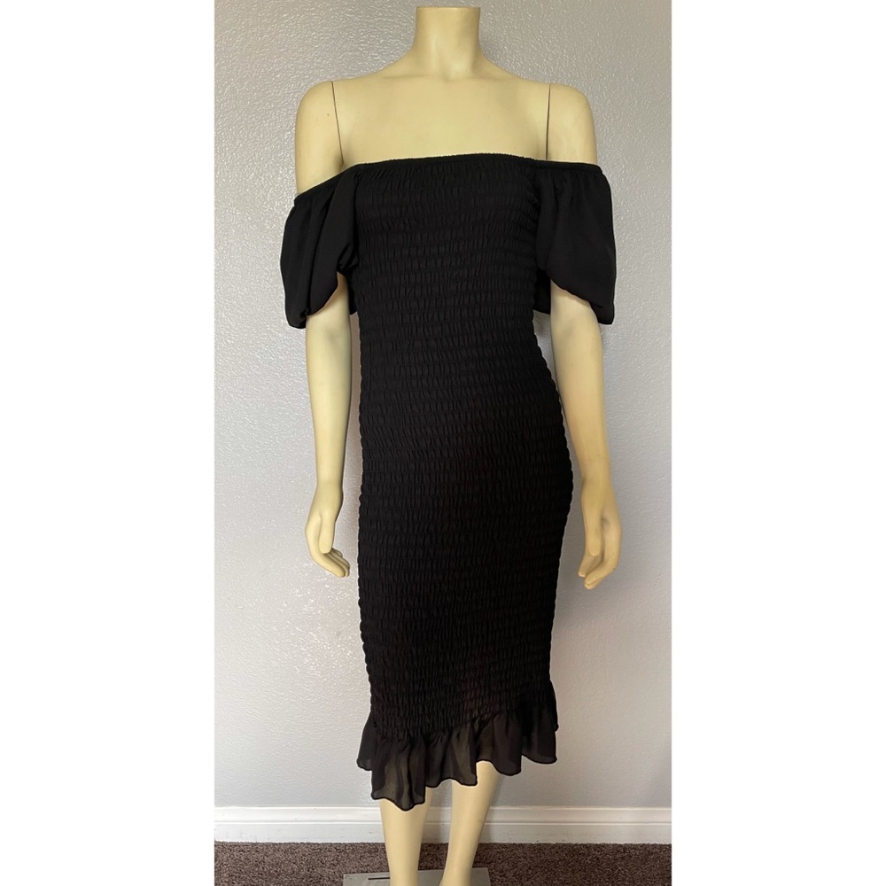 Black Off The Shoulder Crunched Ruffle MIdi Dress